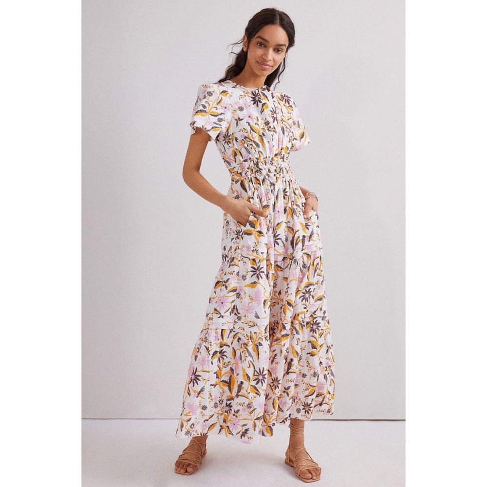Anthropologie White Maxi Dress with Pink and Yellow Floral Print